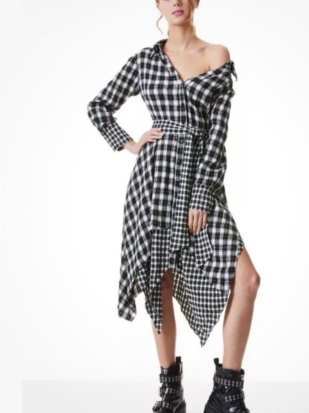 Alice + Olivia Black and White Asymmetrical Plaid Shirt Dress